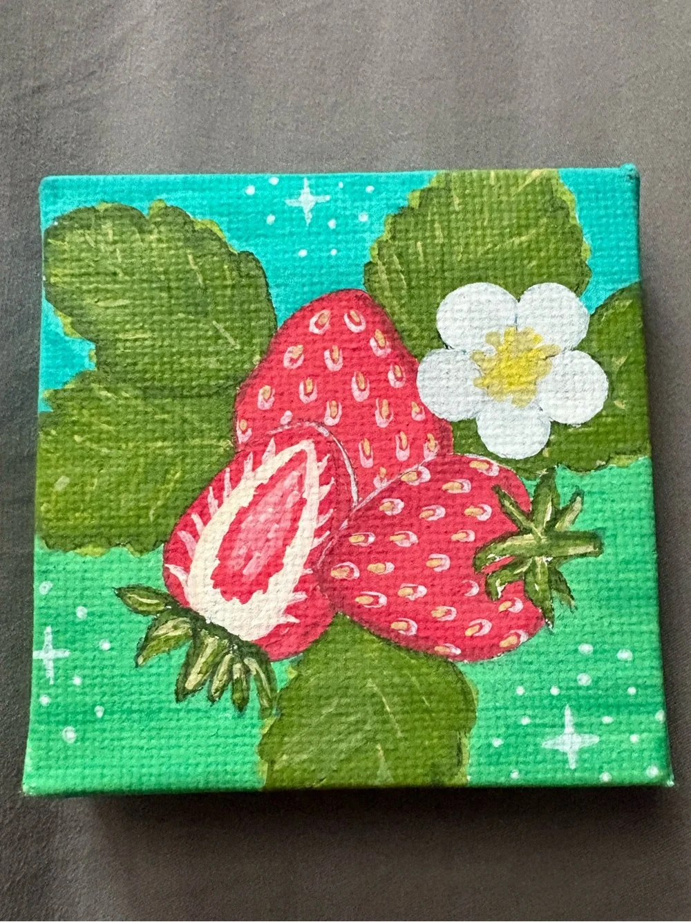 Hand-Painted Strawberry Canvas Wall Art - Green and Red - Picture 1 of 4